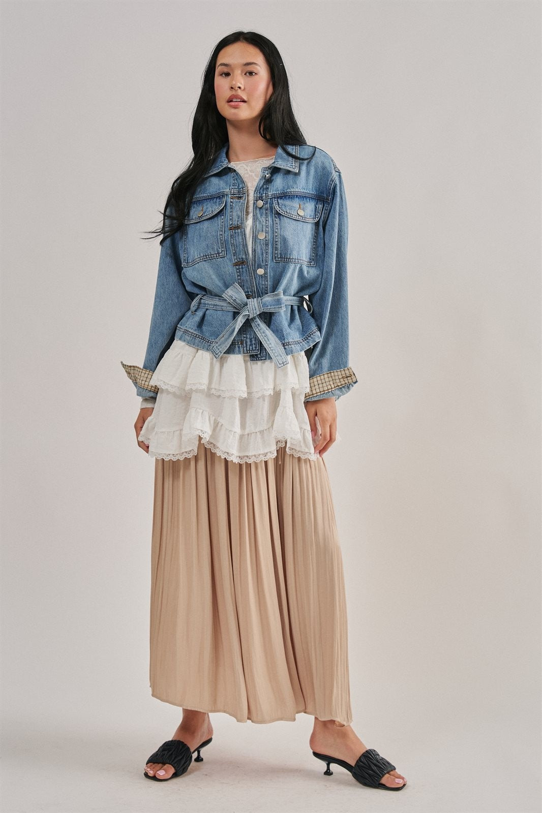 Belted Denim Jacket With Plaid Cuffs in Denim - Women's Jackets & Blazers | Urban Daizy