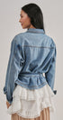 Belted Denim Jacket With Plaid Cuffs in Denim - Women's Jackets & Blazers | Urban Daizy