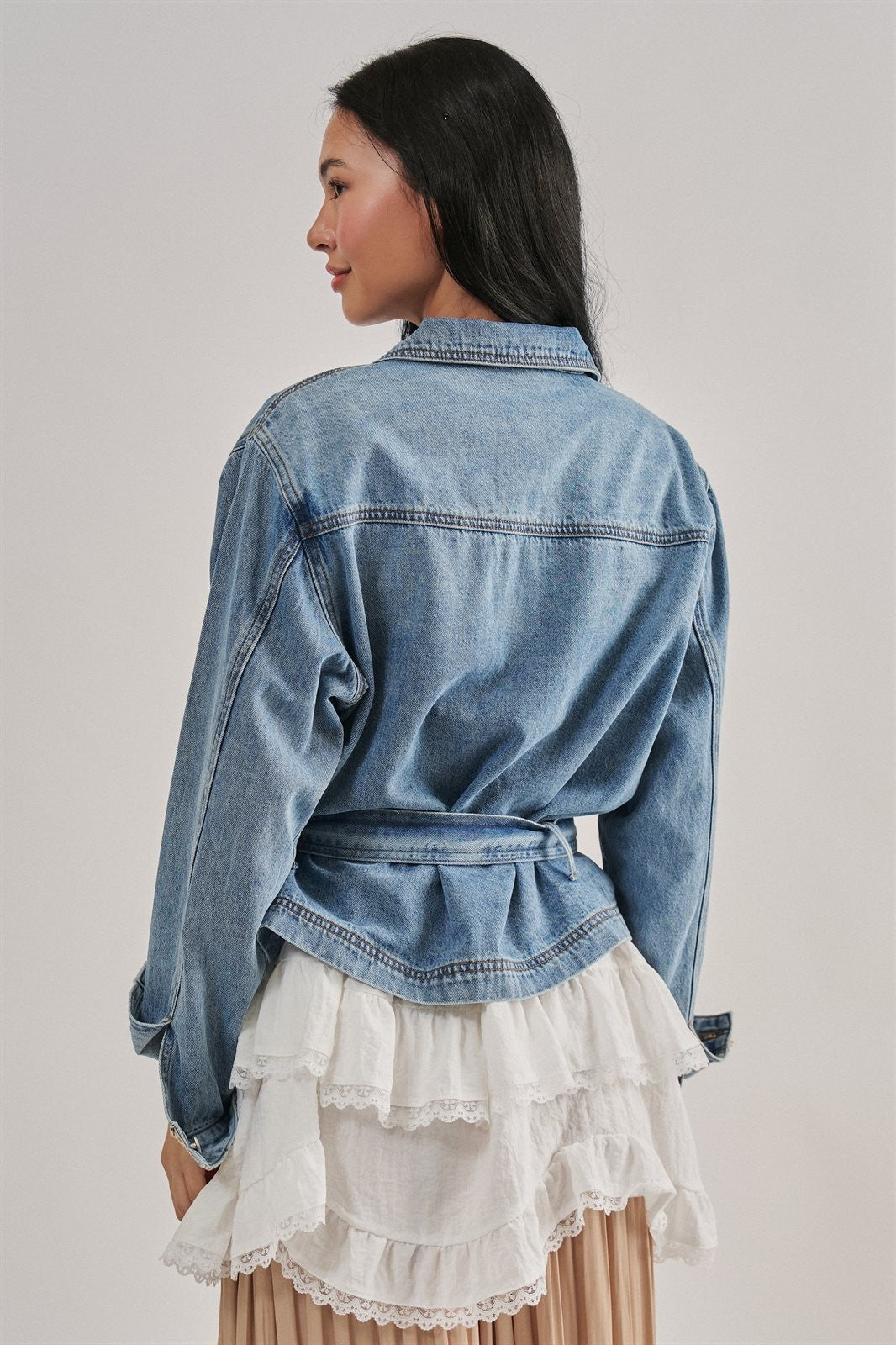 Belted Denim Jacket With Plaid Cuffs in Denim - Women's Jackets & Blazers | Urban Daizy