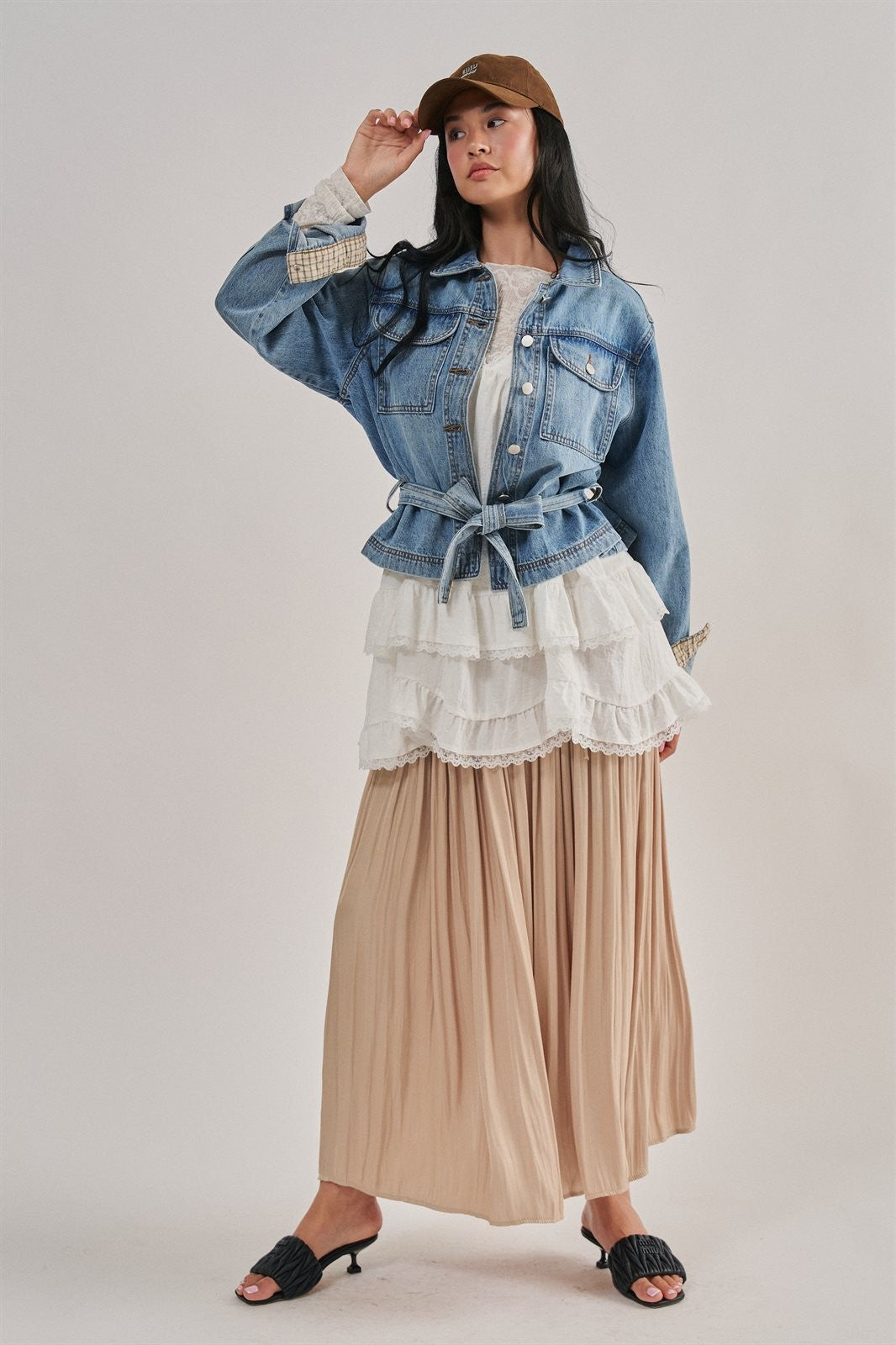 Belted Denim Jacket With Plaid Cuffs in Denim - Women's Jackets & Blazers | Urban Daizy