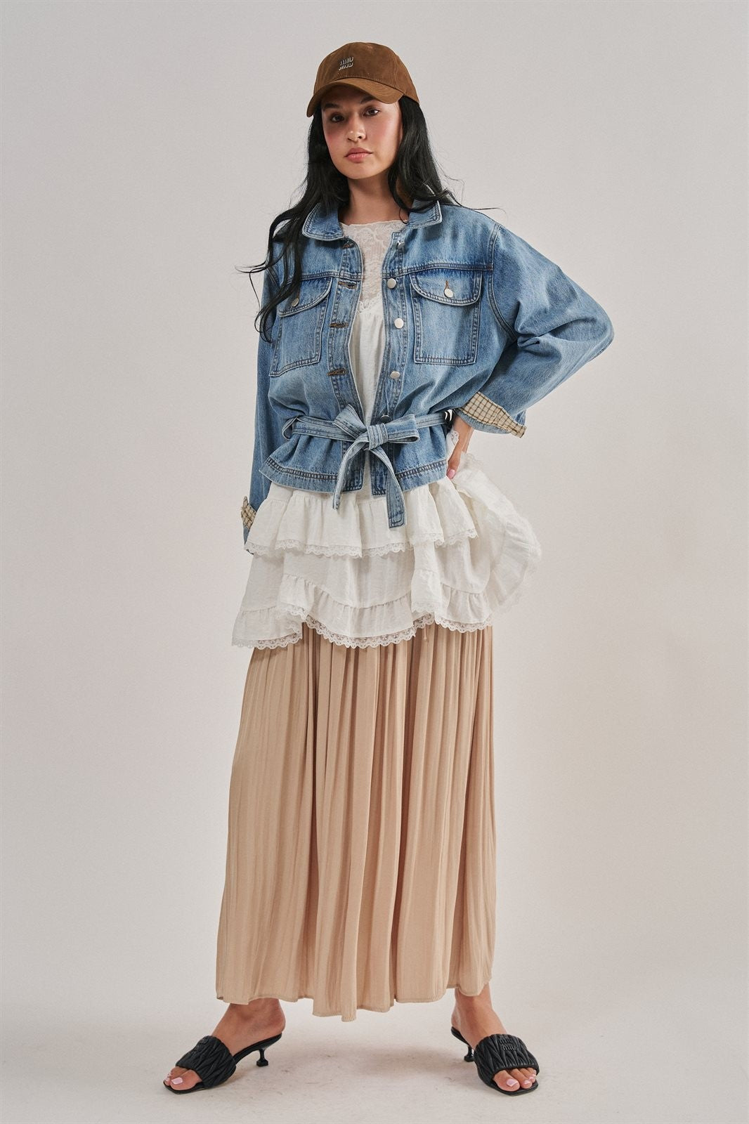 Belted Denim Jacket With Plaid Cuffs in Denim - Women's Jackets & Blazers | Urban Daizy