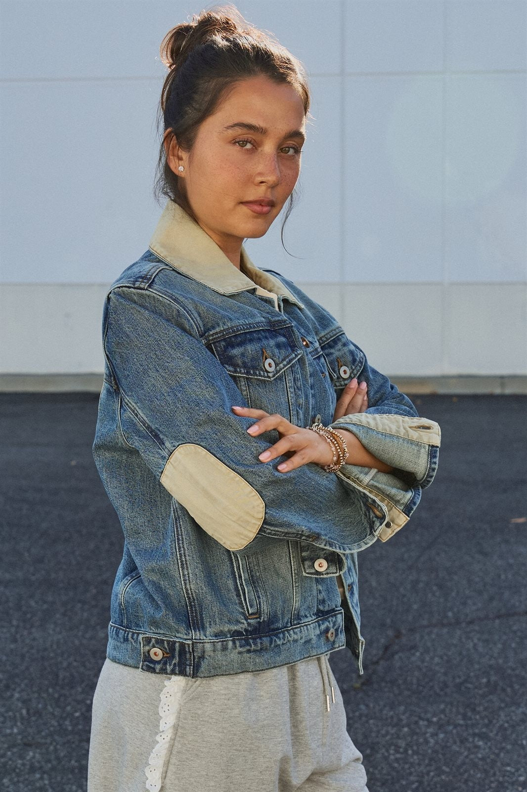Vintage Wash Denim Jacket With Elbow Patches in Denim - Women's Fashion | Urban Daizy