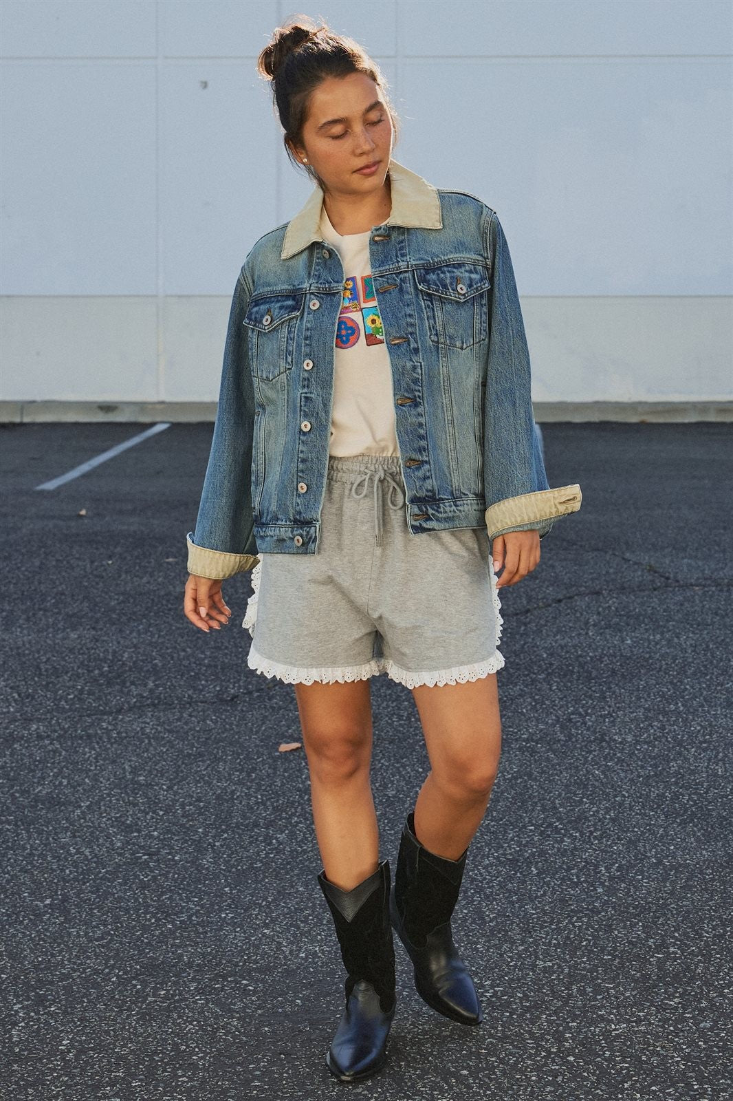 Vintage Wash Denim Jacket With Elbow Patches in Denim - Women's Fashion | Urban Daizy