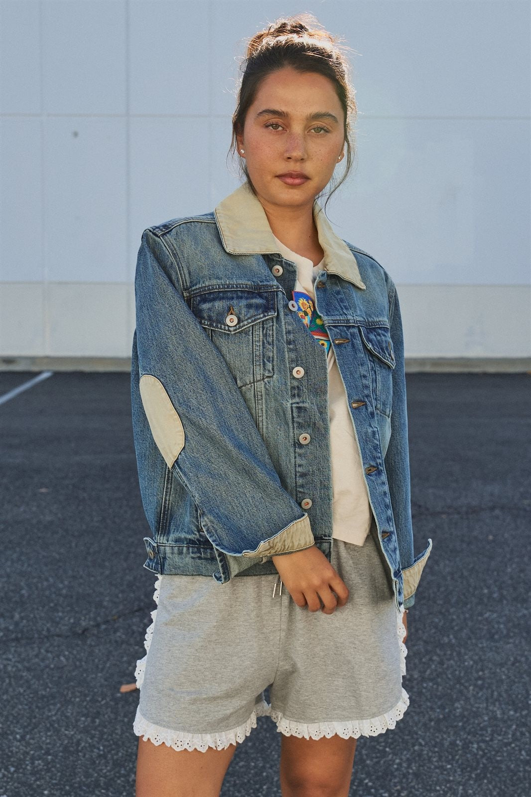 Vintage Wash Denim Jacket With Elbow Patches in Denim - Women's Fashion | Urban Daizy