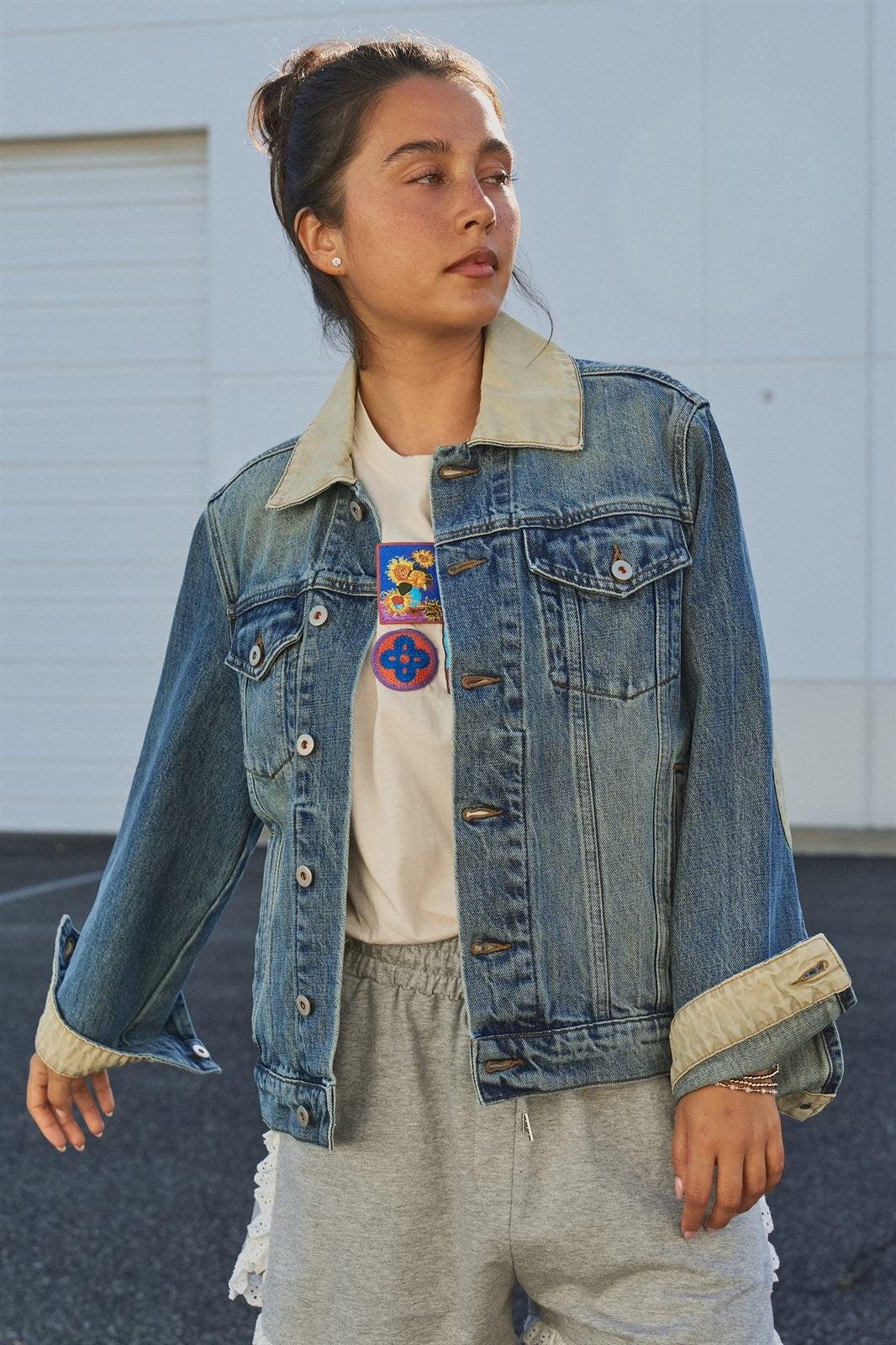 Vintage Wash Denim Jacket With Elbow Patches in Denim - Women's Fashion | Urban Daizy