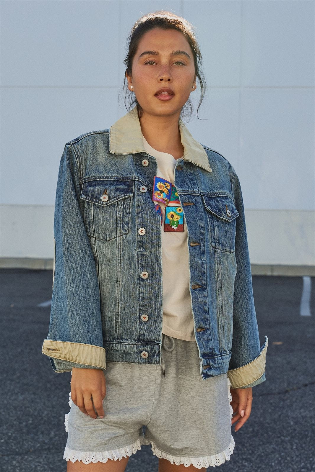 Vintage Wash Denim Jacket With Elbow Patches in Denim - Women's Fashion | Urban Daizy