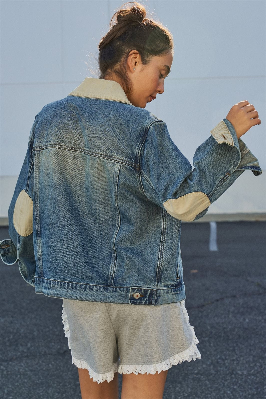 Vintage Wash Denim Jacket With Elbow Patches in Denim - Women's Fashion | Urban Daizy