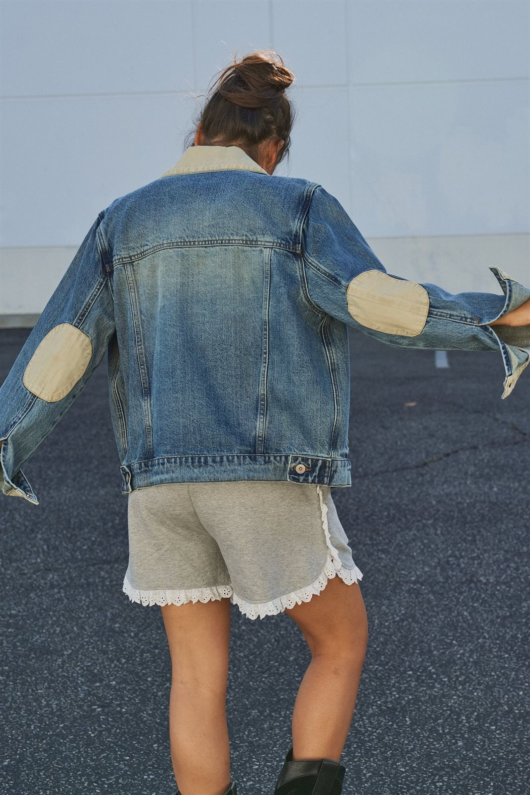 Vintage Wash Denim Jacket With Elbow Patches in Denim - Women's Fashion | Urban Daizy