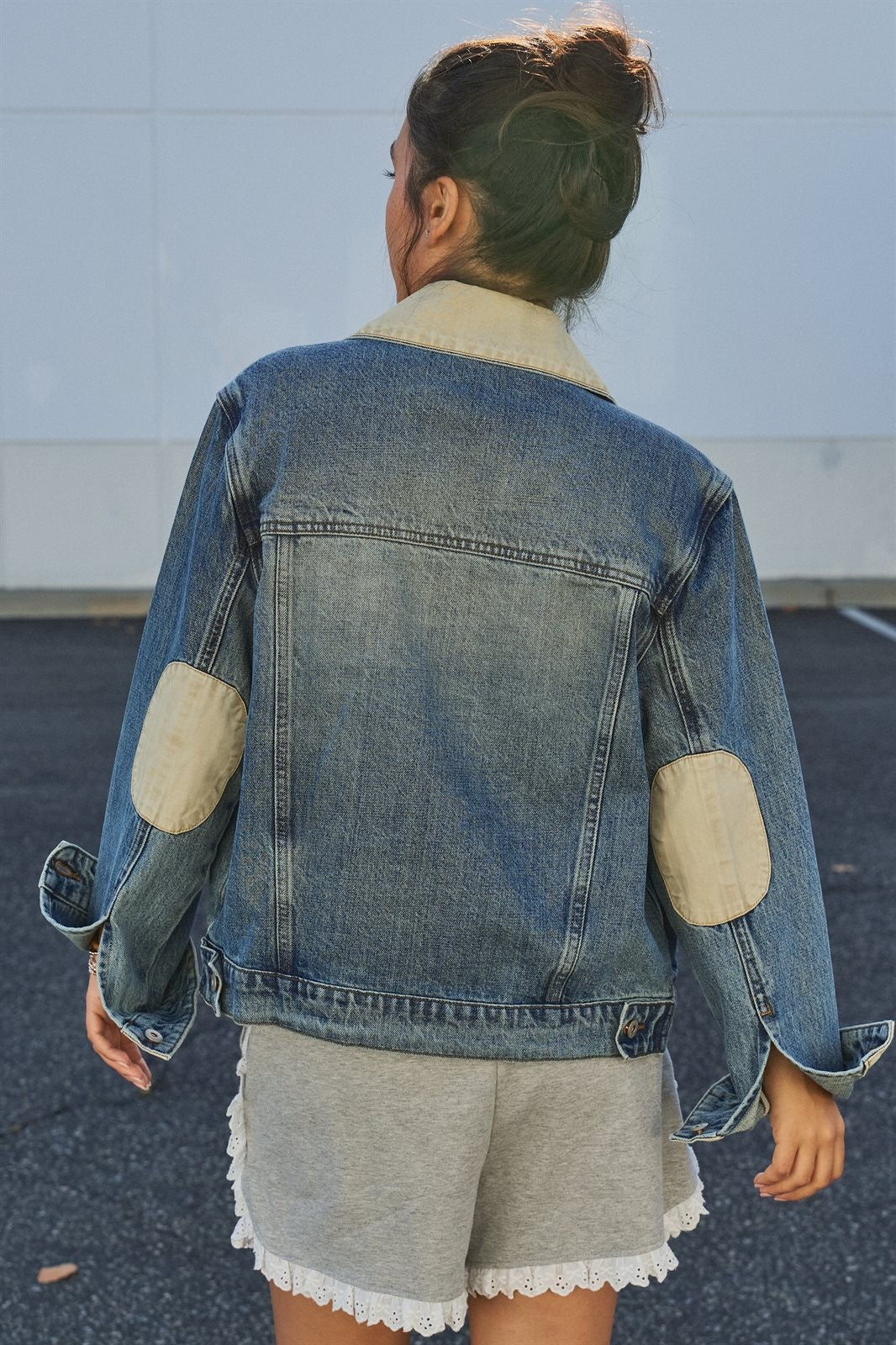 Vintage Wash Denim Jacket With Elbow Patches in Denim - Women's Fashion | Urban Daizy