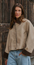 Faux Leather Jacket With Corduroy Collar in Khaki - Women's Jackets & Blazers | Urban Daizy