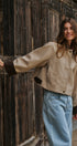 Faux Leather Jacket With Corduroy Collar in Khaki - Women's Jackets & Blazers | Urban Daizy