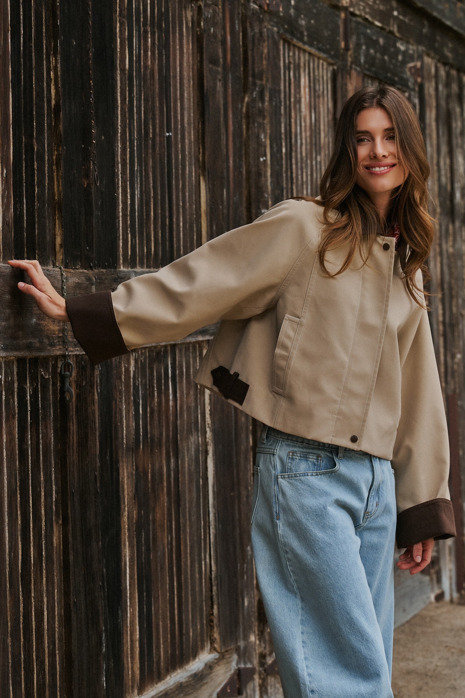 Faux Leather Jacket With Corduroy Collar in Khaki - Women's Jackets & Blazers | Urban Daizy