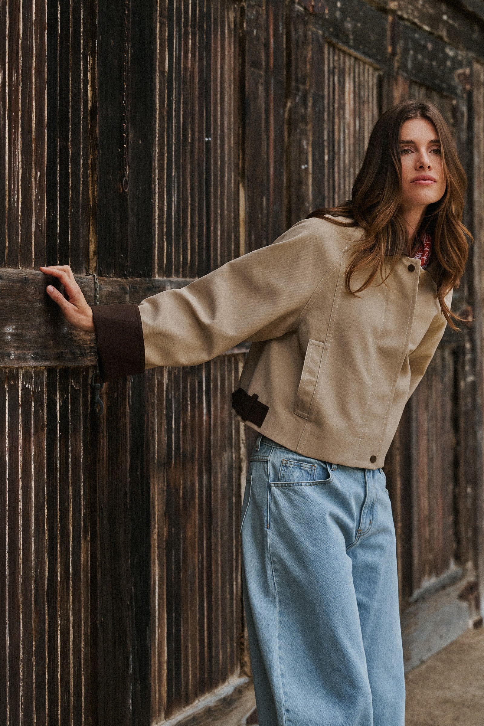 Faux Leather Jacket With Corduroy Collar in Khaki - Women's Jackets & Blazers | Urban Daizy