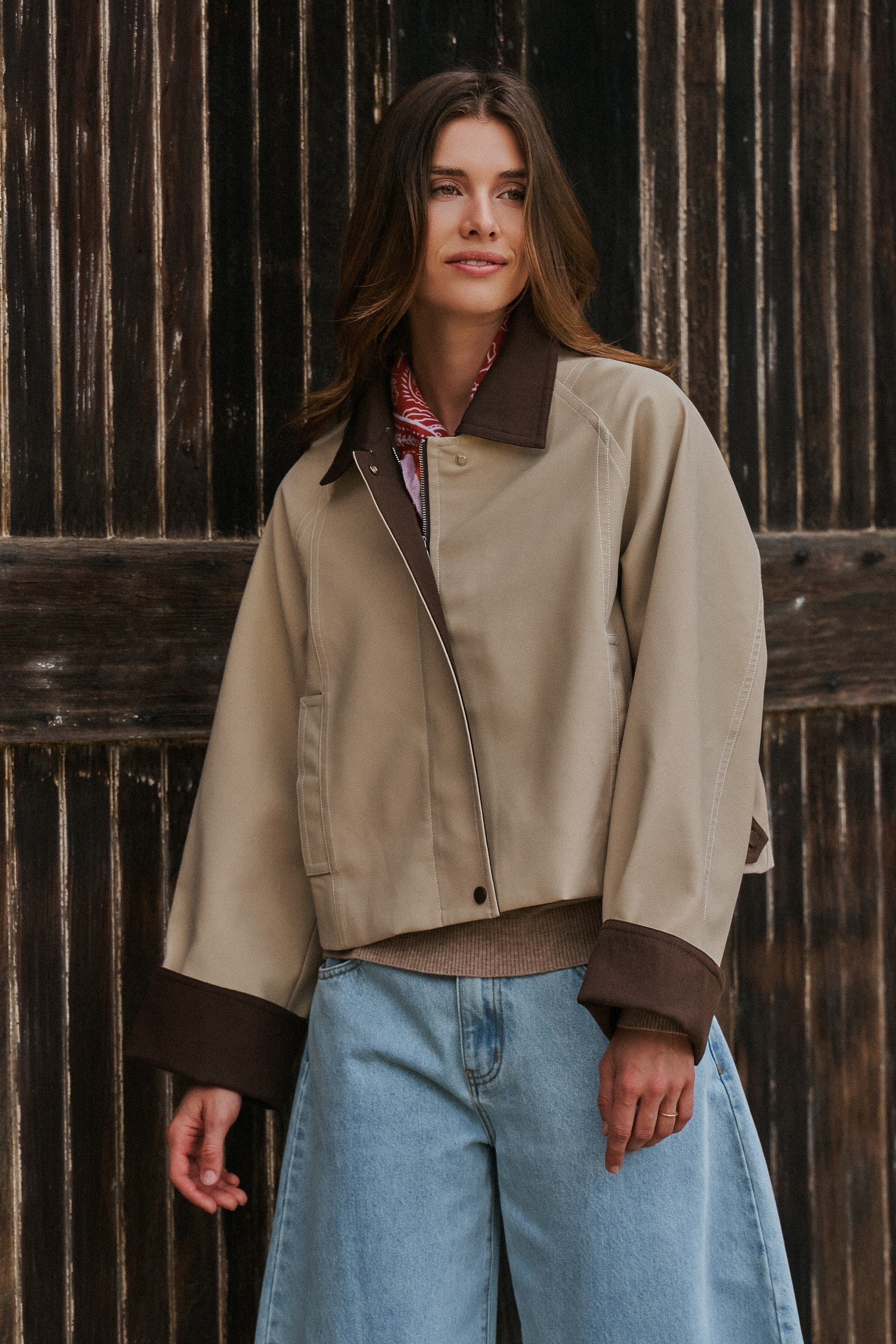 Faux Leather Jacket With Corduroy Collar in Khaki - Women's Jackets & Blazers | Urban Daizy