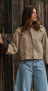 Faux Leather Jacket With Corduroy Collar in Khaki - Women's Jackets & Blazers | Urban Daizy