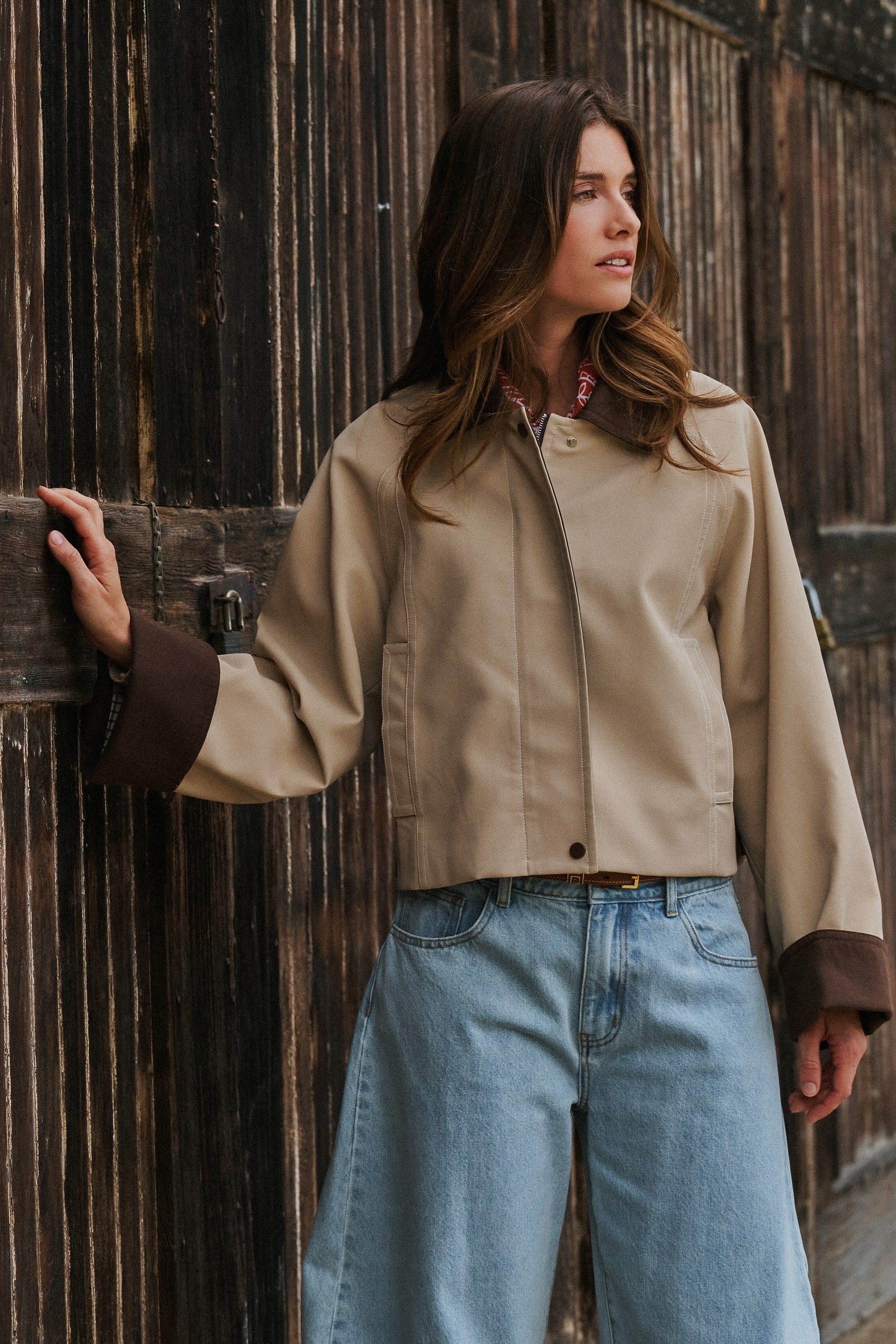 Faux Leather Jacket With Corduroy Collar in Khaki - Women's Jackets & Blazers | Urban Daizy