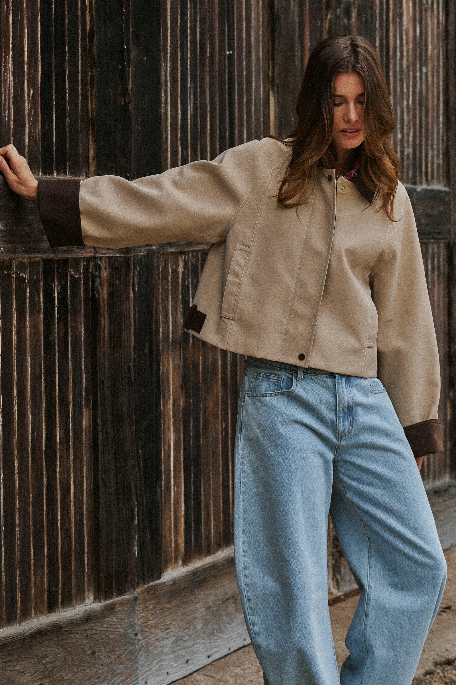 Faux Leather Jacket With Corduroy Collar in Khaki - Women's Jackets & Blazers | Urban Daizy