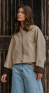 Faux Leather Jacket With Corduroy Collar in Khaki - Women's Jackets & Blazers | Urban Daizy