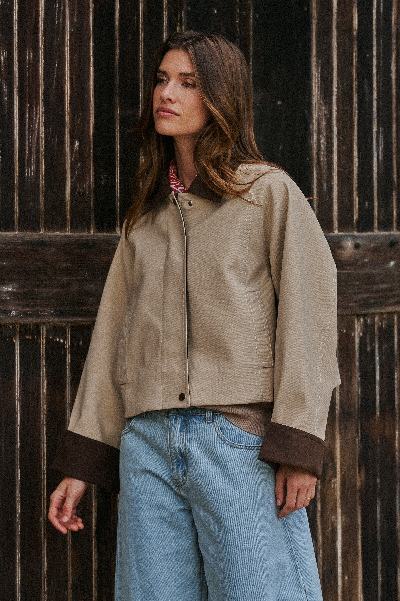 Faux Leather Jacket With Corduroy Collar in Khaki - Women's Jackets & Blazers | Urban Daizy