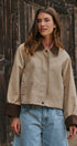 Faux Leather Jacket With Corduroy Collar in Khaki - Women's Jackets & Blazers | Urban Daizy