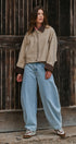 Faux Leather Jacket With Corduroy Collar in Khaki - Women's Jackets & Blazers | Urban Daizy