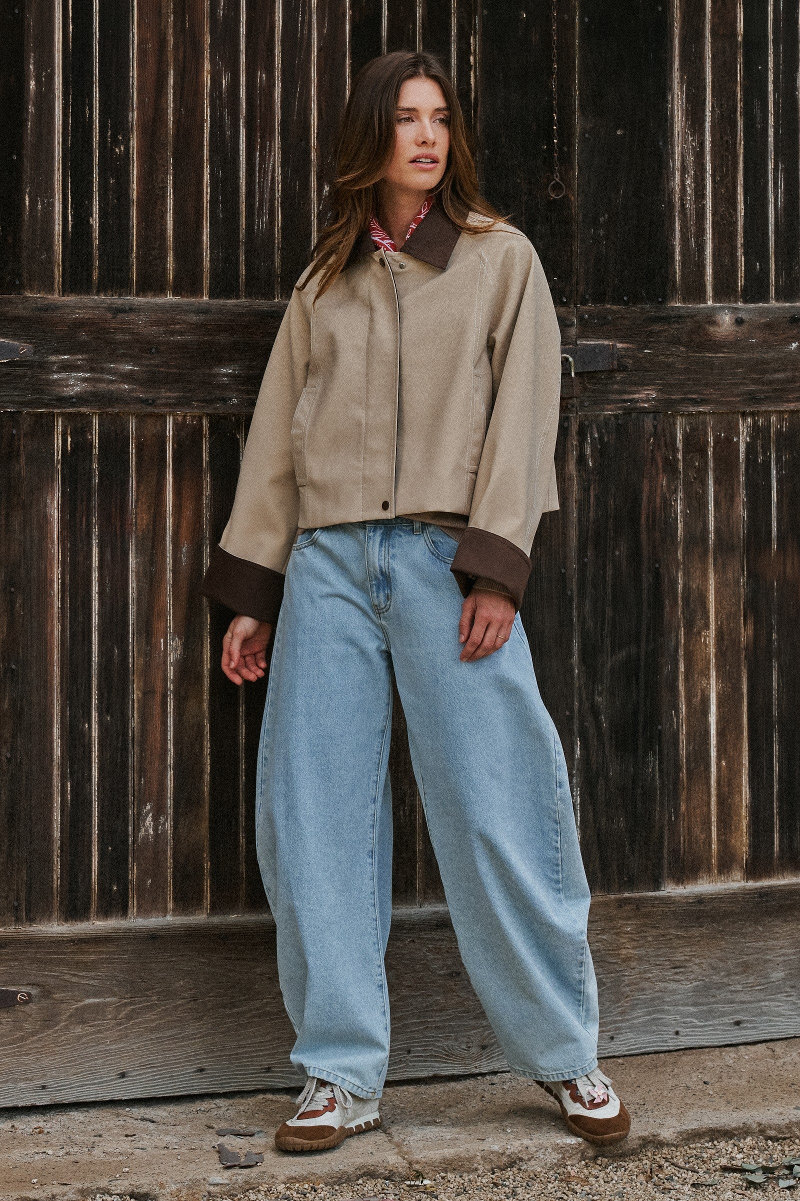 Faux Leather Jacket With Corduroy Collar in Khaki - Women's Jackets & Blazers | Urban Daizy