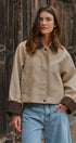 Faux Leather Jacket With Corduroy Collar in Khaki - Women's Jackets & Blazers | Urban Daizy