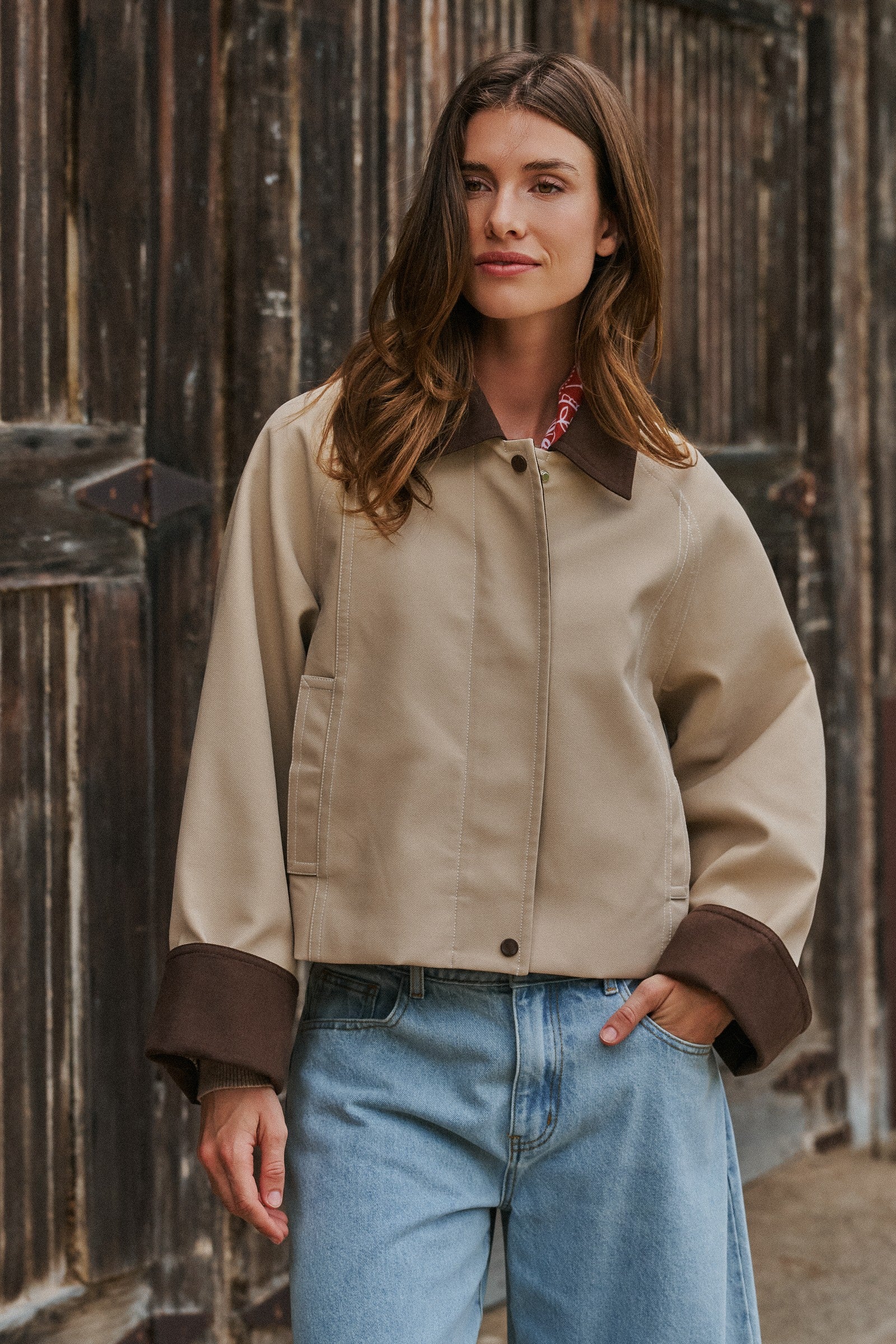 Faux Leather Jacket With Corduroy Collar in Khaki - Women's Jackets & Blazers | Urban Daizy