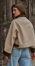Faux Leather Jacket With Corduroy Collar in Khaki - Women's Jackets & Blazers | Urban Daizy