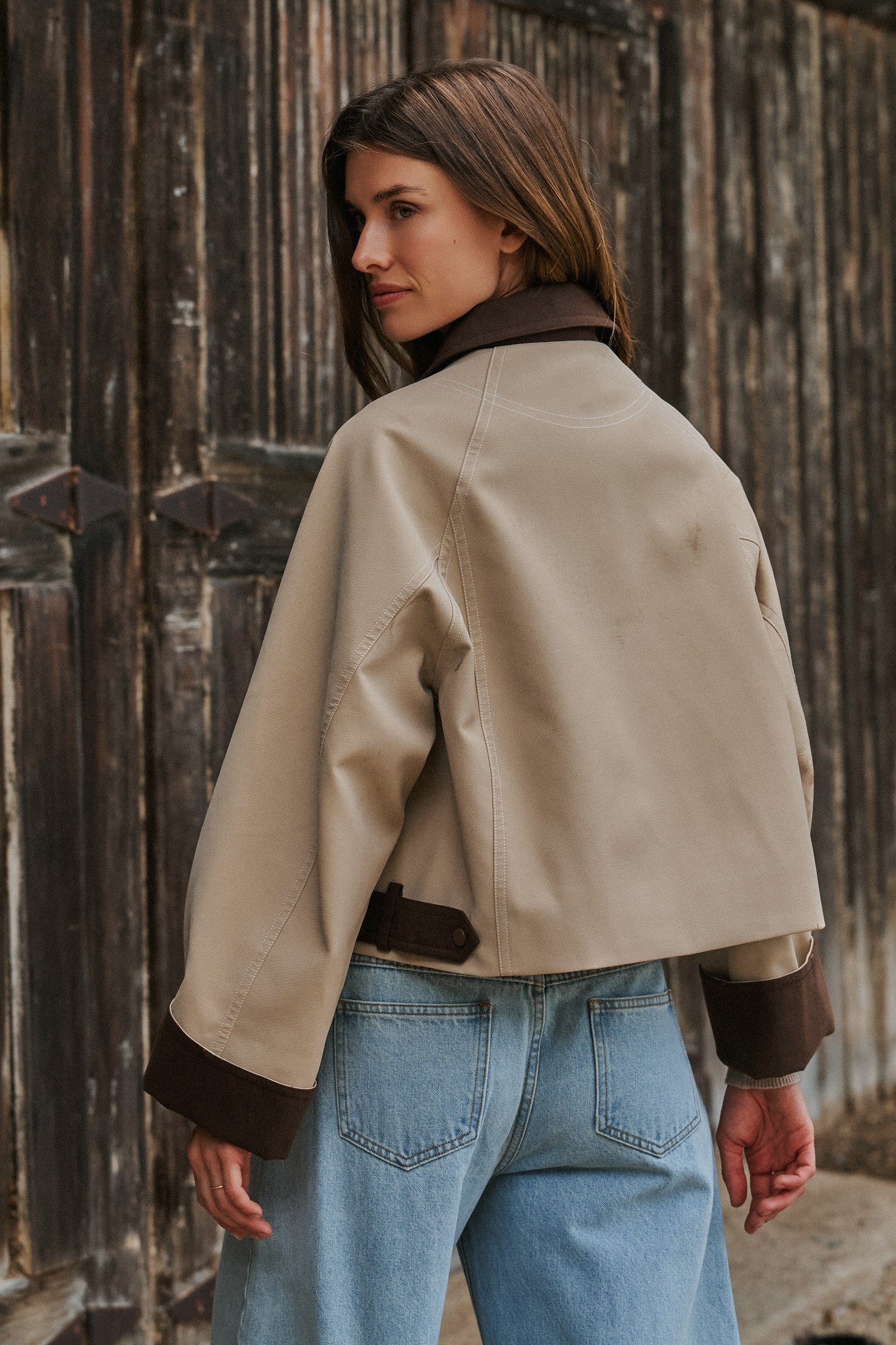 Faux Leather Jacket With Corduroy Collar in Khaki - Women's Jackets & Blazers | Urban Daizy