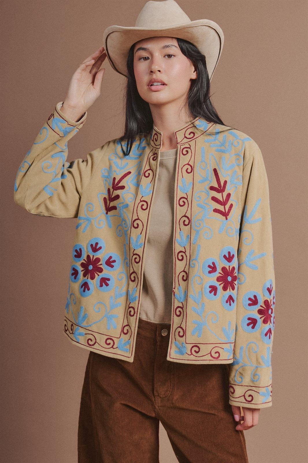 Embroidered Corduroy Folk Floral Jacket in Khaki - Women's Fashion | Urban Daizy