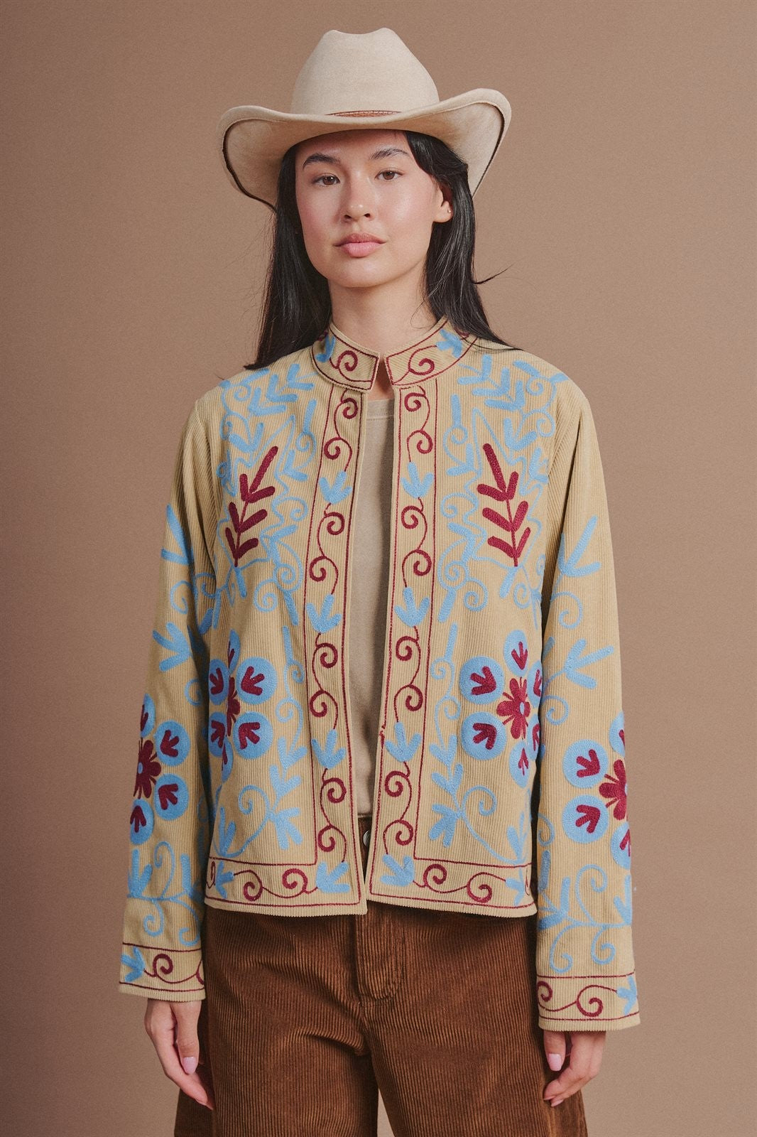 Embroidered Corduroy Folk Floral Jacket in Khaki - Women's Fashion | Urban Daizy