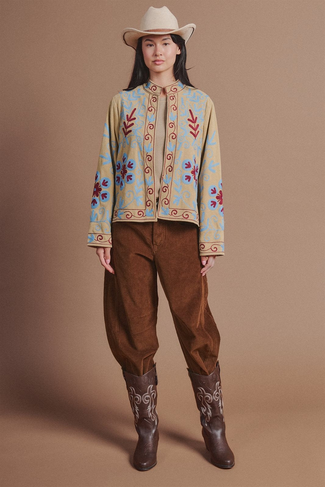 Embroidered Corduroy Folk Floral Jacket in Khaki - Women's Fashion | Urban Daizy