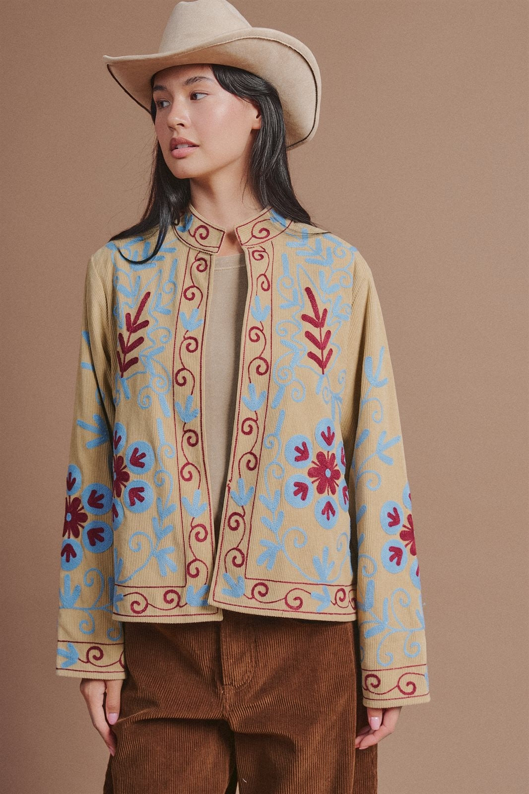 Embroidered Corduroy Folk Floral Jacket in Khaki - Women's Fashion | Urban Daizy