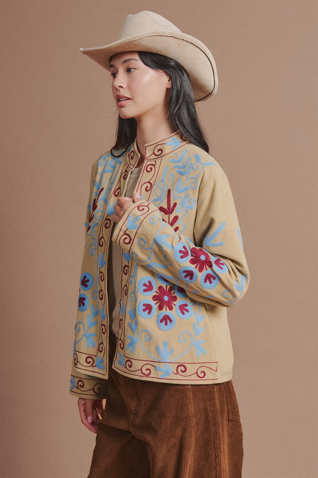 Embroidered Corduroy Folk Floral Jacket in Khaki - Women's Fashion | Urban Daizy