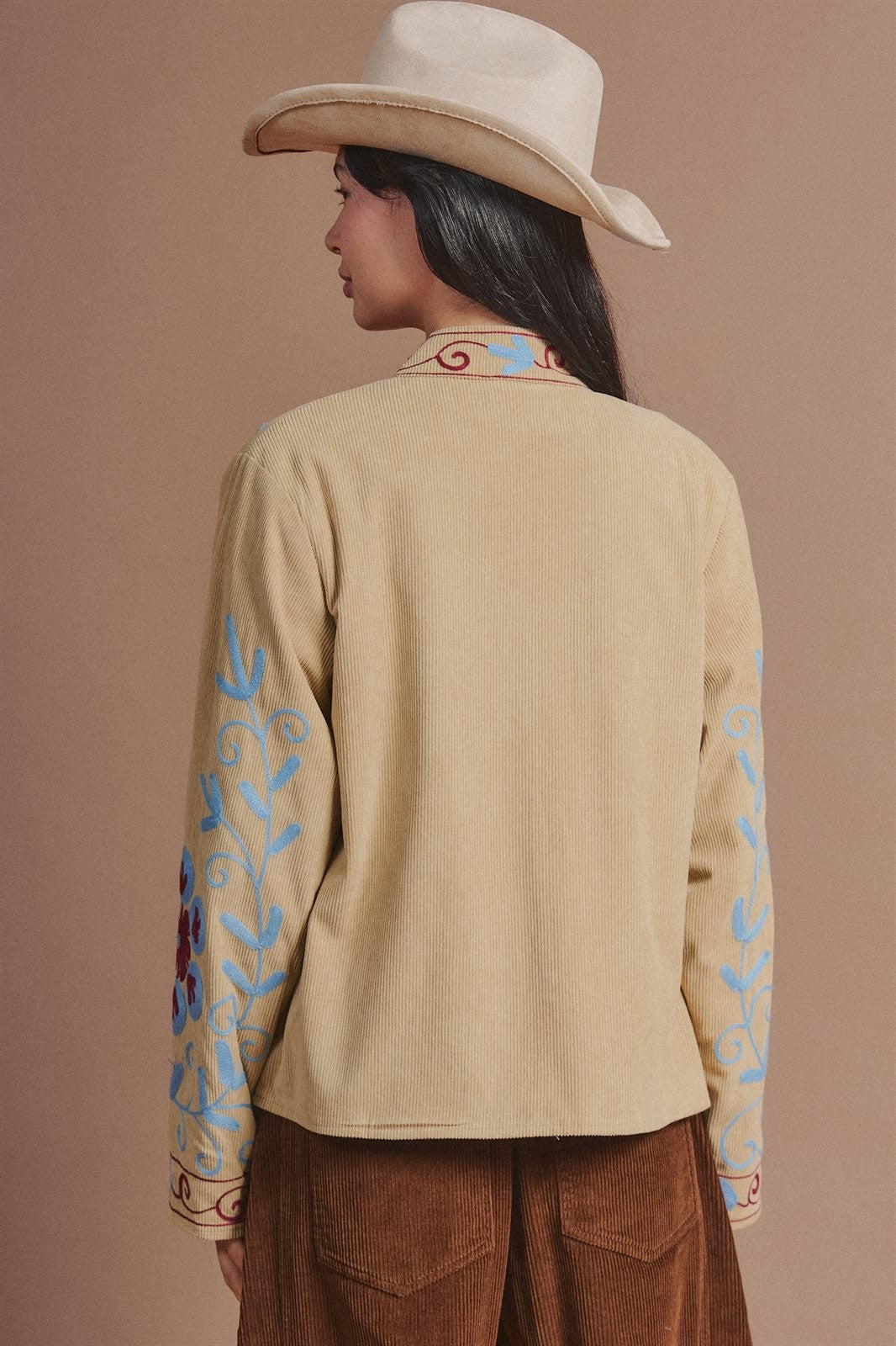 Embroidered Corduroy Folk Floral Jacket in Khaki - Women's Fashion | Urban Daizy