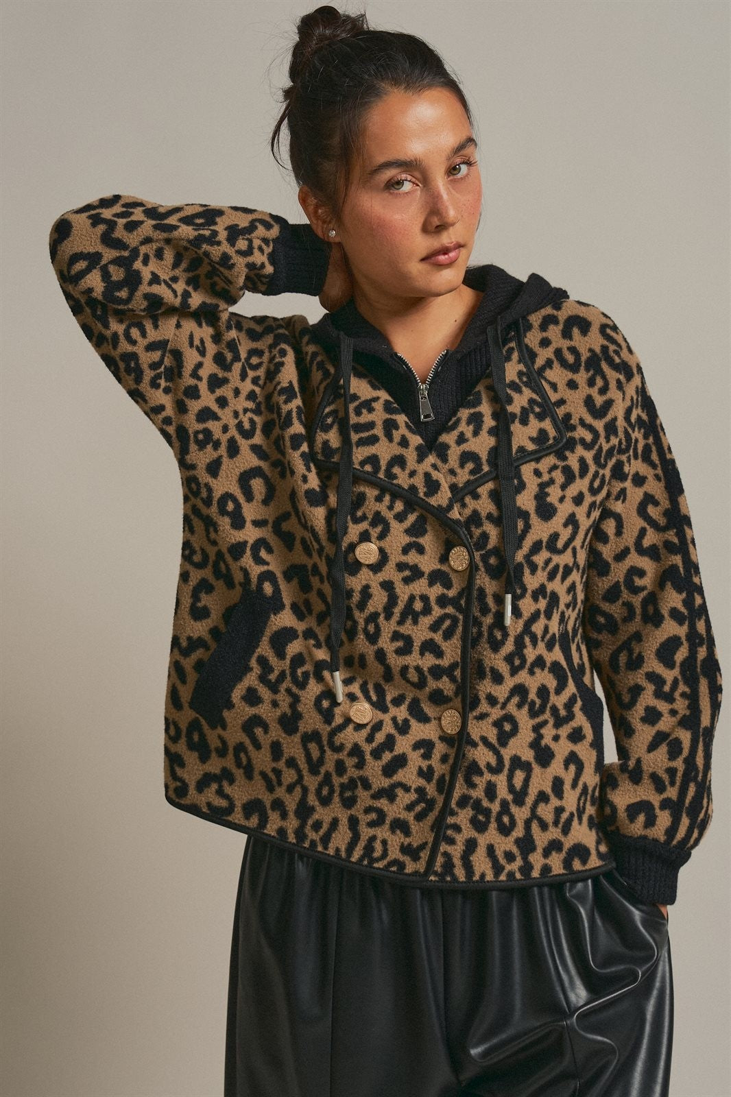 Hooded Leopard Knit Jacket With Gold Buttons in Leopard - Women's Fashion | Urban Daizy