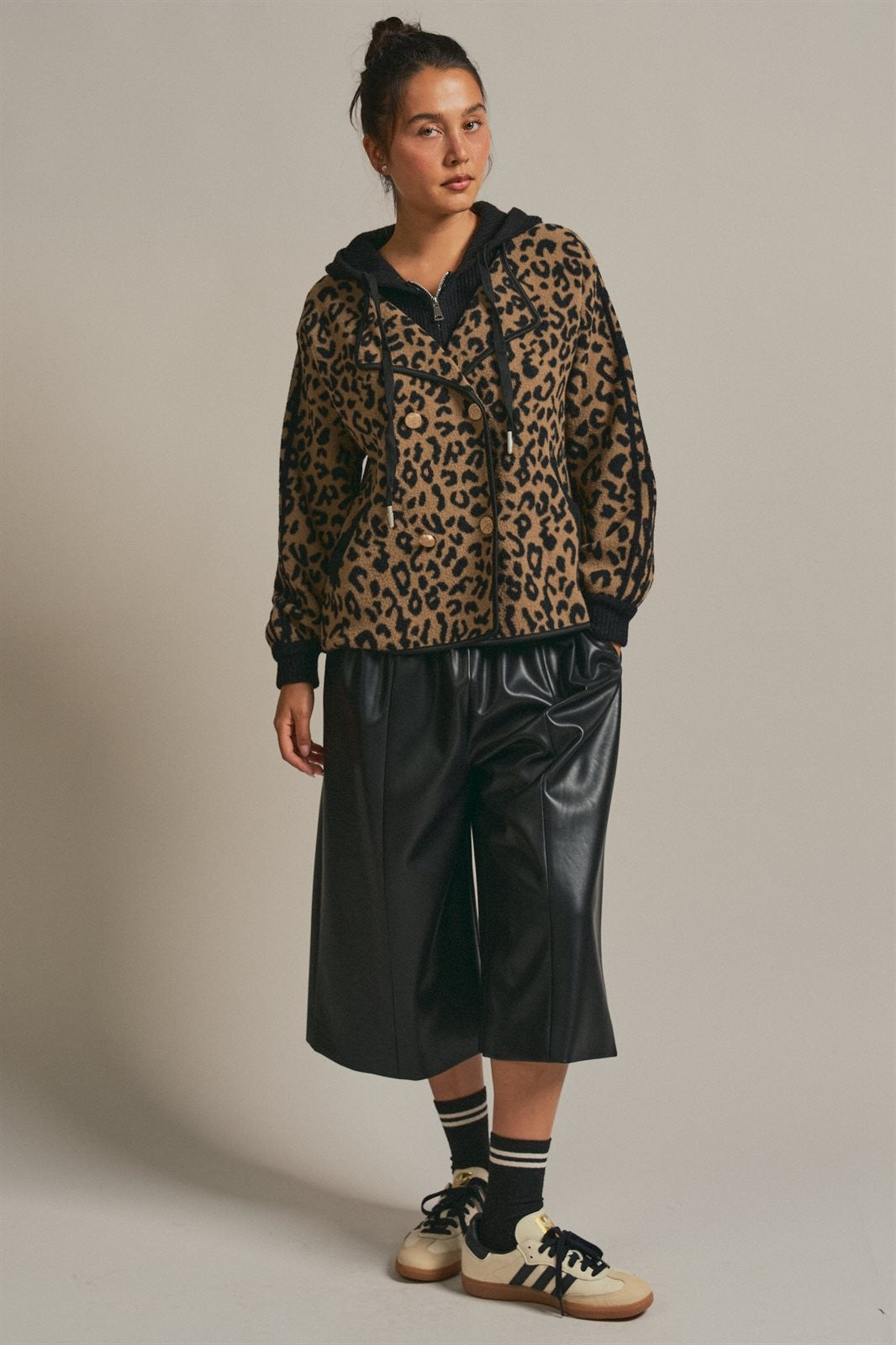 Hooded Leopard Knit Jacket With Gold Buttons in Leopard - Women's Fashion | Urban Daizy