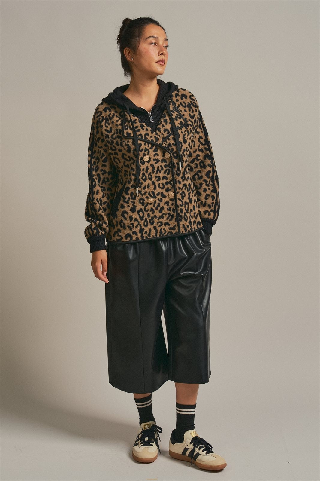 Hooded Leopard Knit Jacket With Gold Buttons in Leopard - Women's Fashion | Urban Daizy