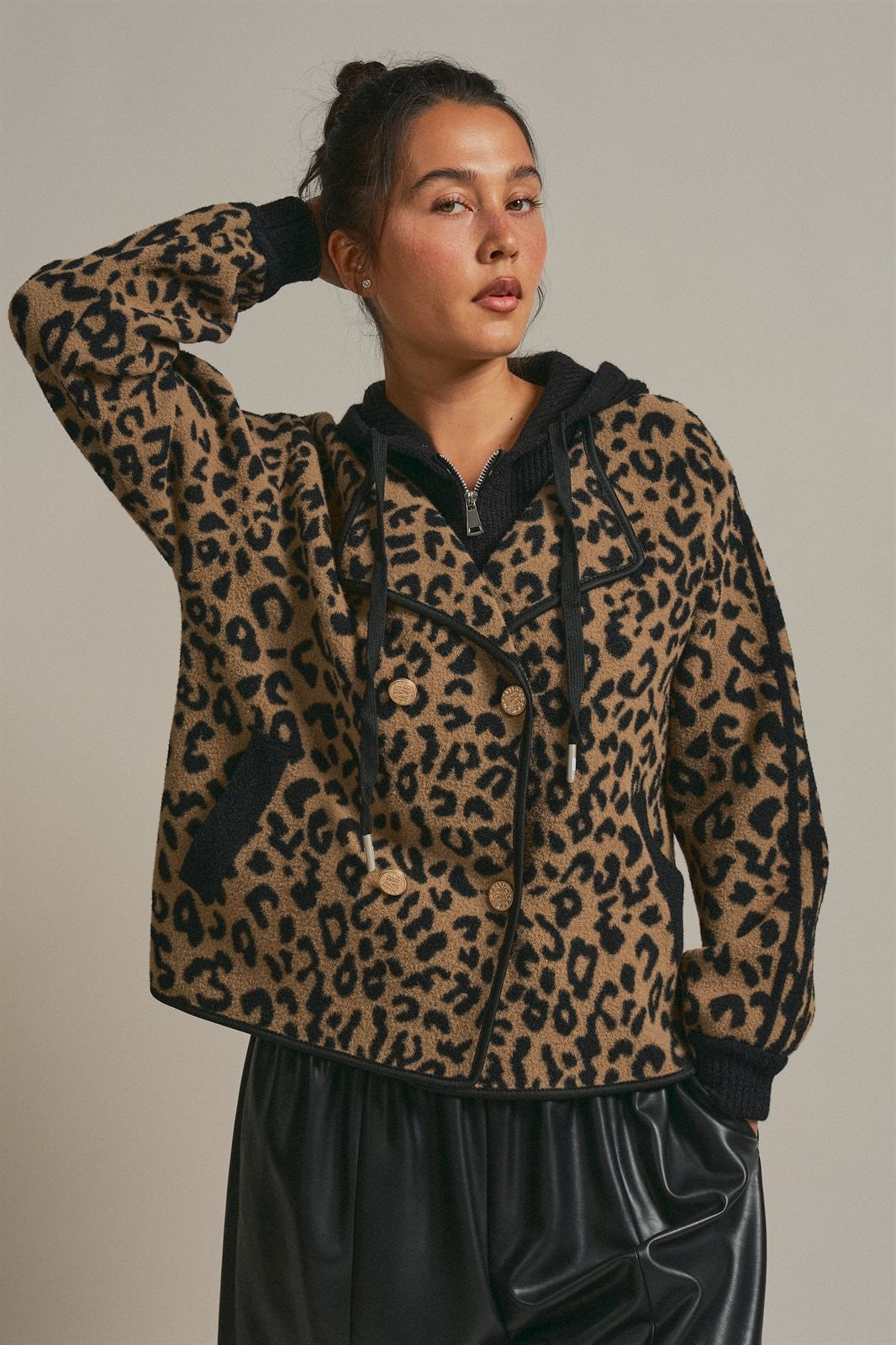 Hooded Leopard Knit Jacket With Gold Buttons in Leopard - Women's Fashion | Urban Daizy