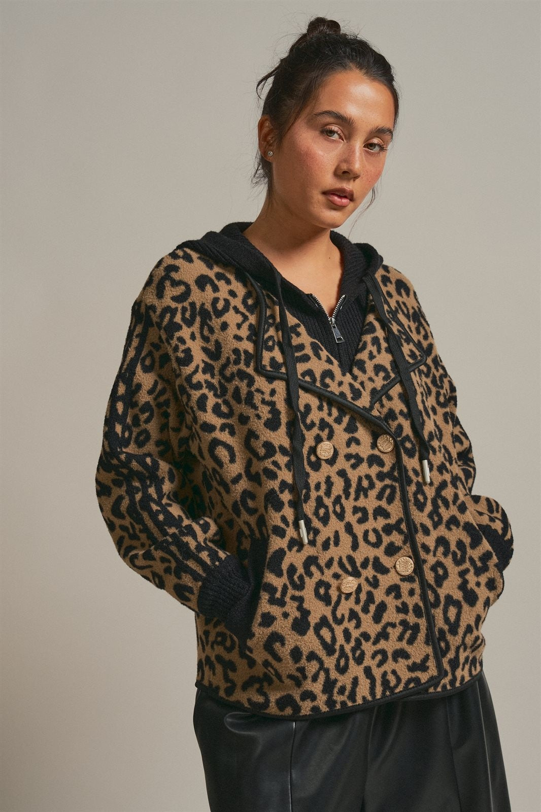 Hooded Leopard Knit Jacket With Gold Buttons in Leopard - Women's Fashion | Urban Daizy
