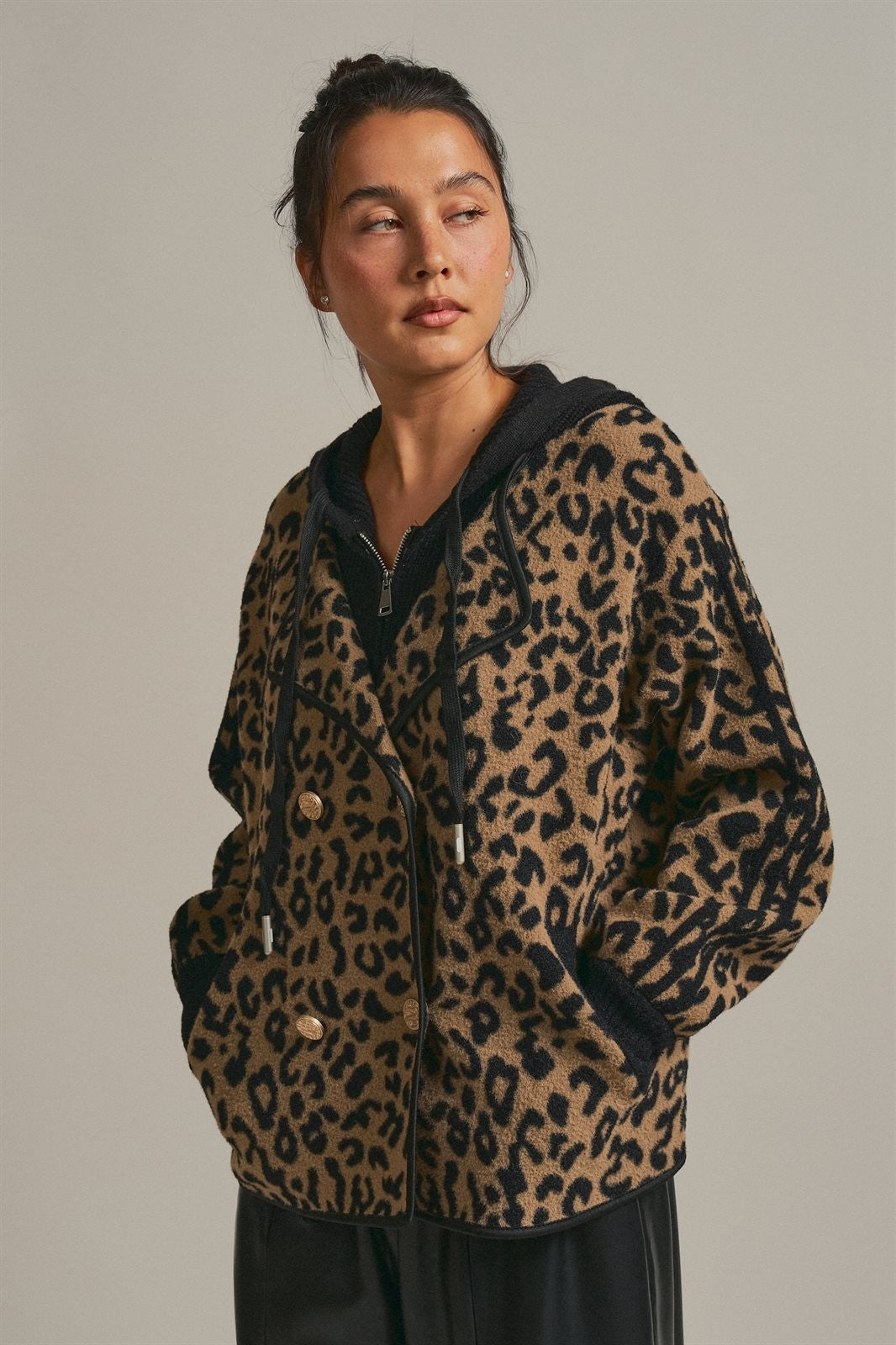 Hooded Leopard Knit Jacket With Gold Buttons in Leopard - Women's Fashion | Urban Daizy