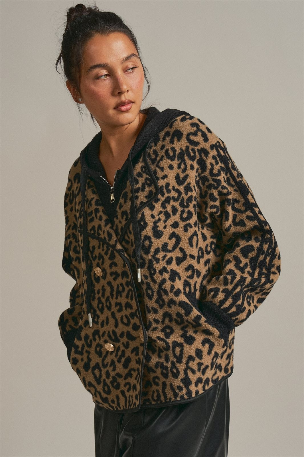Hooded Leopard Knit Jacket With Gold Buttons in Leopard - Women's Fashion | Urban Daizy