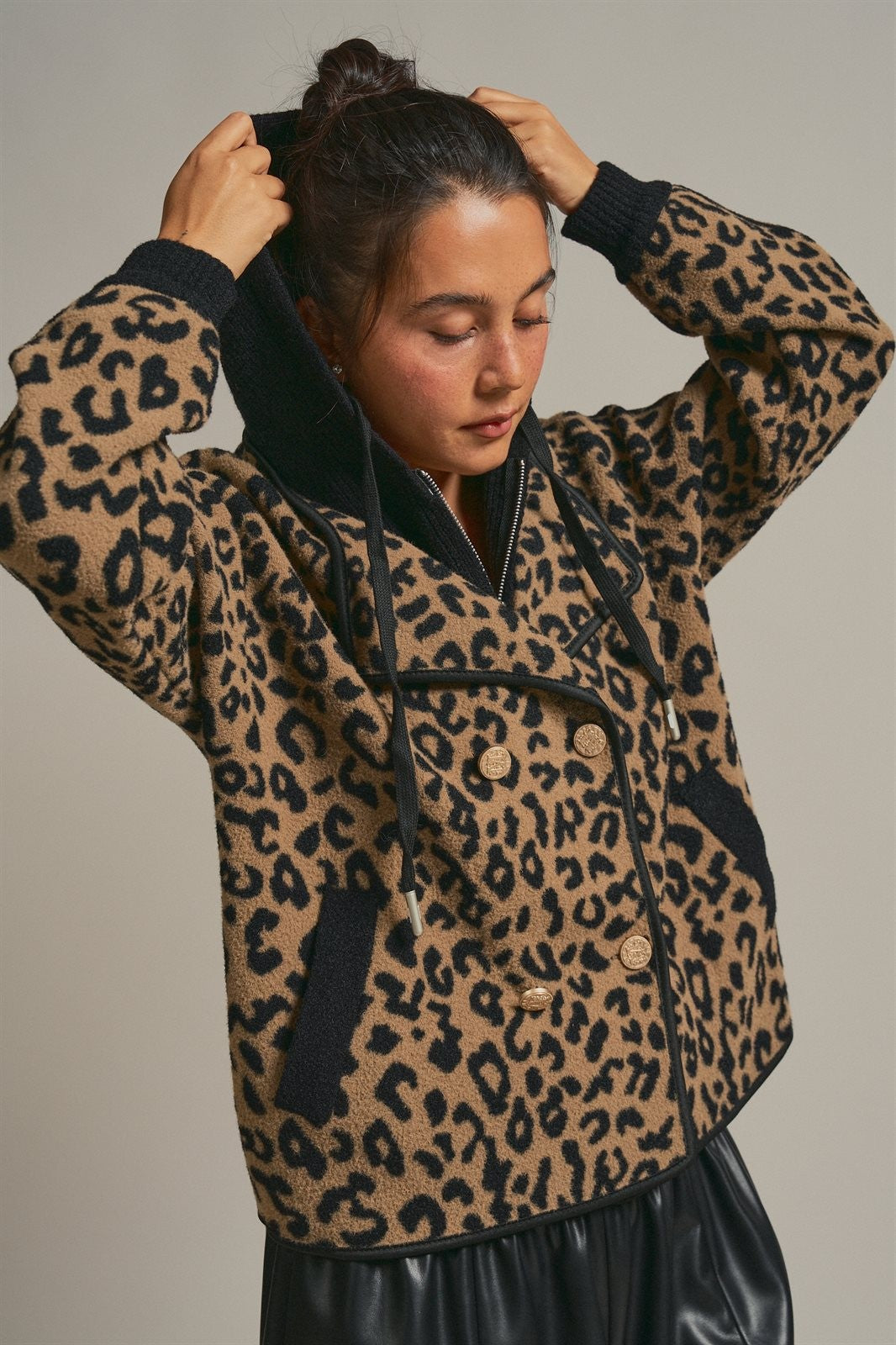 Hooded Leopard Knit Jacket With Gold Buttons in Leopard - Women's Fashion | Urban Daizy