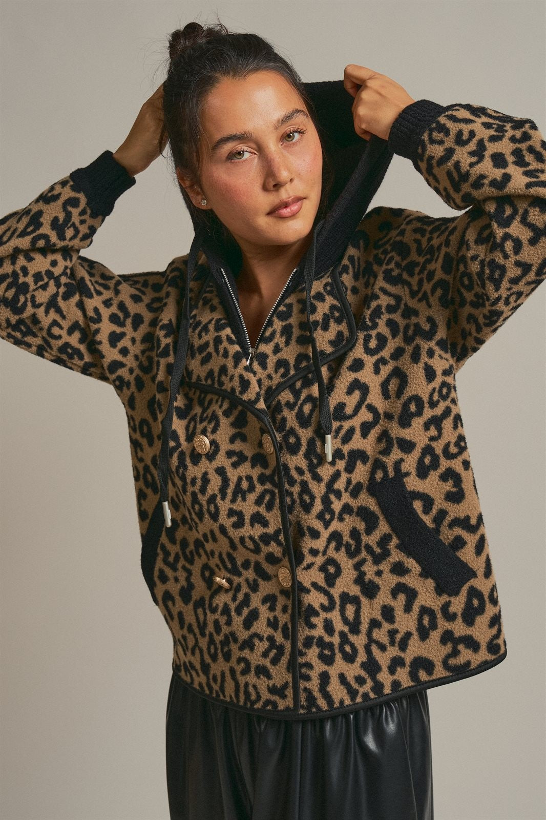 Hooded Leopard Knit Jacket With Gold Buttons in Leopard - Women's Fashion | Urban Daizy