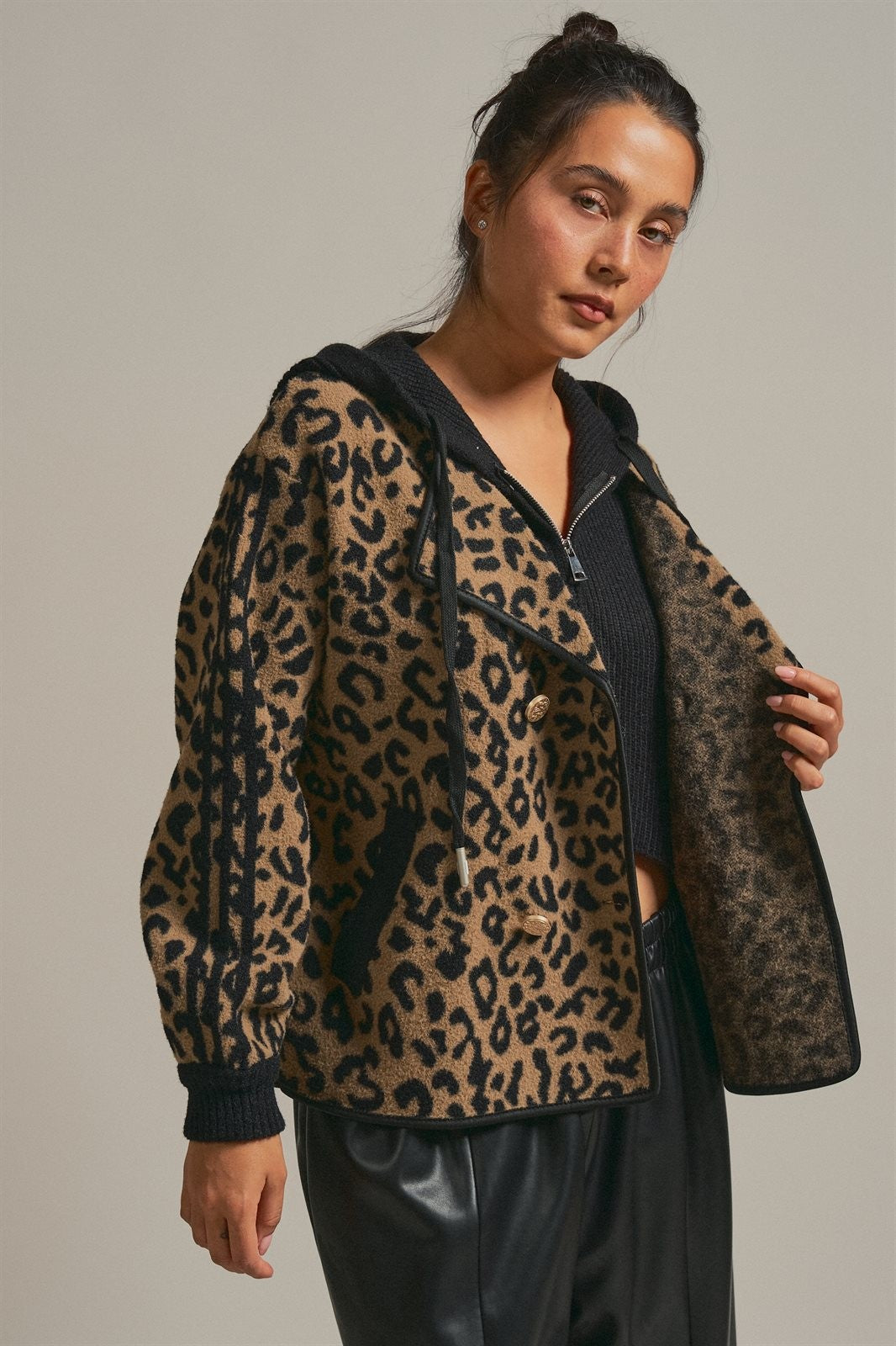 Hooded Leopard Knit Jacket With Gold Buttons in Leopard - Women's Fashion | Urban Daizy