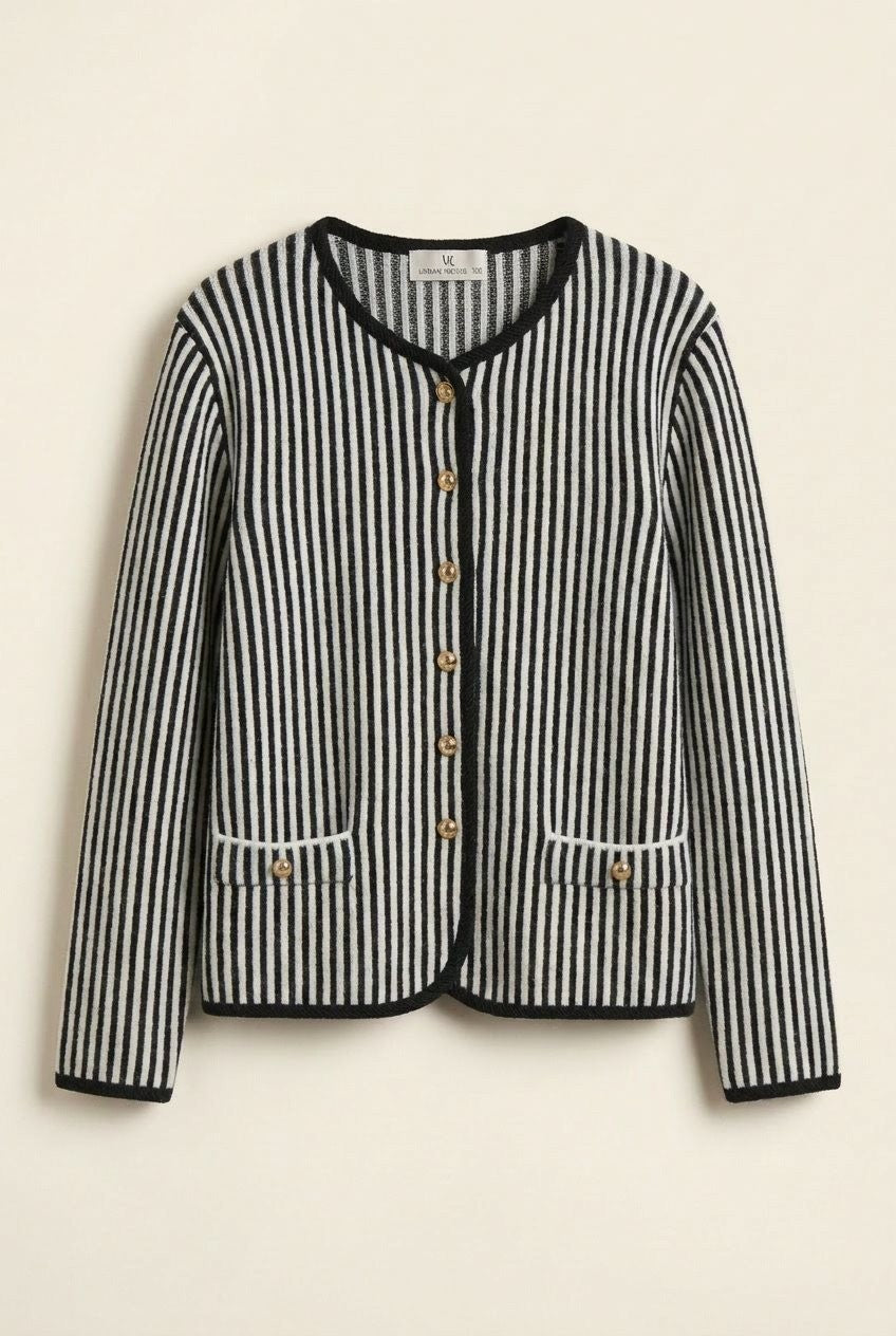 Vertical Stripe Knit Button Jacket with Gold Buttons in Ivory Black - Women's Fashion | Urban Daizy