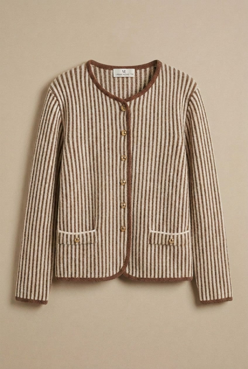 Vertical Stripe Knit Button Jacket with Gold Buttons in Ivory Brown - Women's Fashion | Urban Daizy