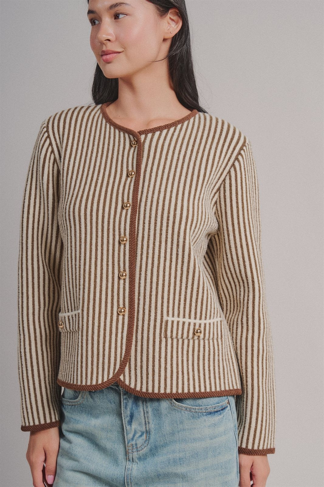 Vertical Stripe Knit Button Jacket with Gold Buttons in Ivory Brown - Women's Fashion | Urban Daizy