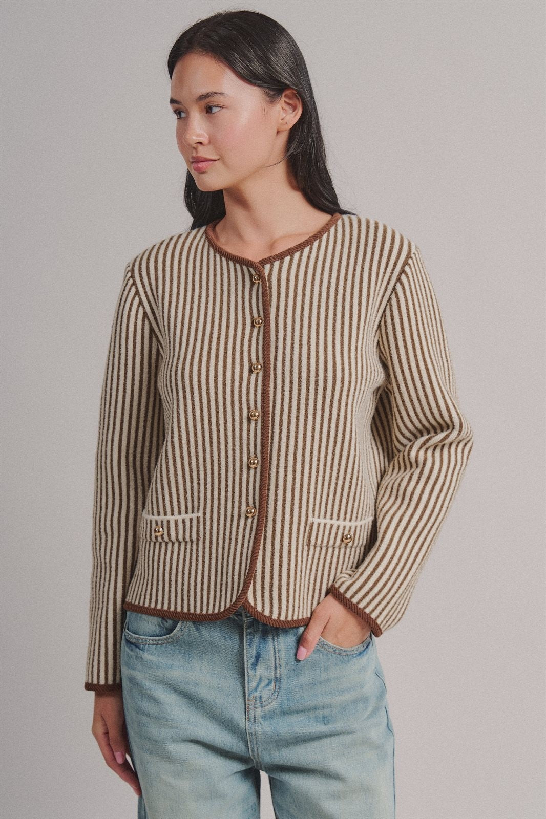 Vertical Stripe Knit Button Jacket with Gold Buttons in Ivory Brown - Women's Fashion | Urban Daizy